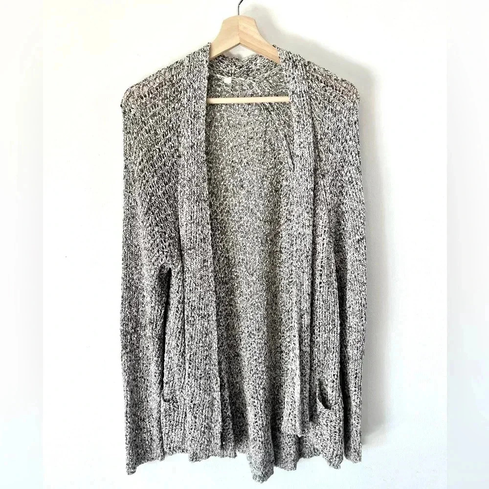 Eileen Fisher Grey & White Open Knit Drape Front Long Line Cotton Cardigan Large